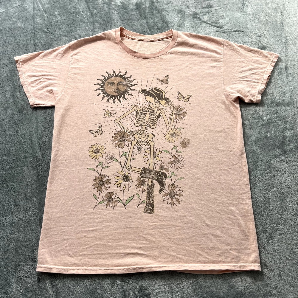 Full Tilt Womens Graphic T-Shirt Pink Skeleton Cowboy Sun Flowers Butterfly L